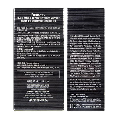 Farmstay Black Snail & Peptide9 Perfect Ampoule, Korean Snail Mucin Serum for Elastic & Glow Skin, Boosting Radiance & Repairing Skin Barrier Serum, for Women & Men, Korean Skin Care, 1.18 Fl. Oz.
