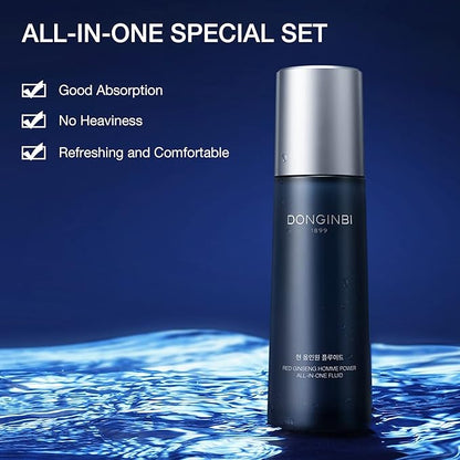 Donginbi Red Ginseng Homme All-in-One Special Set - Hydrating Korean Red Ginseng Essence(4.06 floz), Glycolic & Squalane Acid Face Wash, AHA Exfoliant, Korean Skin Care Set Gifts for Men