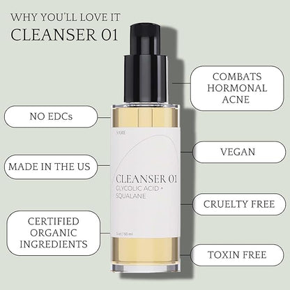 Same Skincare Facial Cleanser 01: Glycolic Acid Squalane Exfoliating Face Wash with Tea Tree Oil, Witch Hazel, Safe & Gentle Hydrating Daily Face Cleanser for Acne, Organic, Cruelty Free, 5 oz