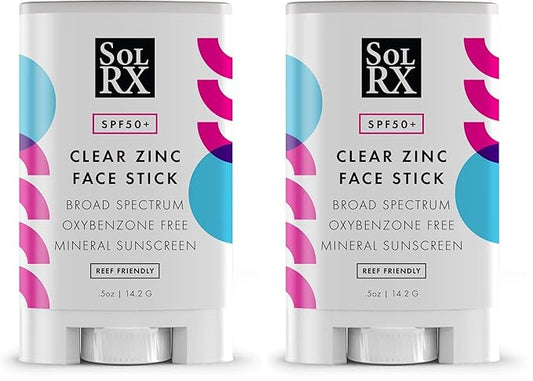 SolRX MINERAL SPF 50 Sunscreen Stick for Face - Zinc Oxide Sunsceen Stick, Clear, Non-Greasy (Pack of 2)