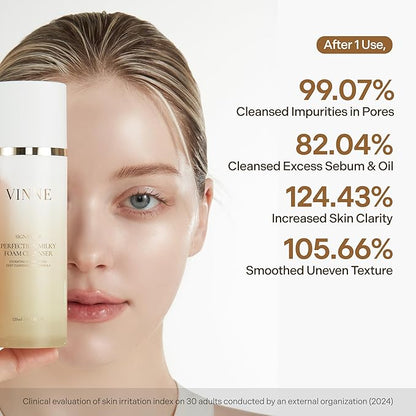 VINNE Signature Milky Foam Cleanser – 3-Step Milk-Oil-Foam Korean Facial Cleanser w/LHA+PHA & 17 Active Ingredients – Oil & Water-Based Dual-Action Face Wash (4.05 fl. oz)