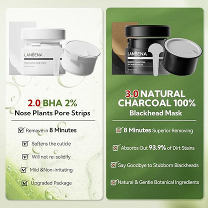 LANBENA Nose Pore Strips, 2pcs, 2% BHA(Salicylic Acid) Blackheads Remover Peel off Mask, Plants Pore Cleanser Purifying Face Mask, Unclog Pores, Oil Control, Upgraded 2.0 added Amazonian White Clay