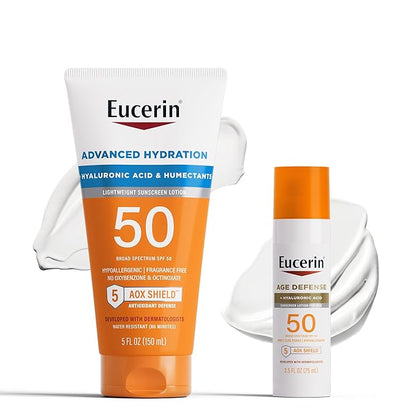 Eucerin Sun Advanced Hydration SPF 50 Sunscreen Lotion (5 Fl Oz) + Age Defense Face Sunscreen Lotion SPF 50 (2.5 Fl Oz), Hypoallergenic and Lightweight Sun Protection with Hyaluronic Acid