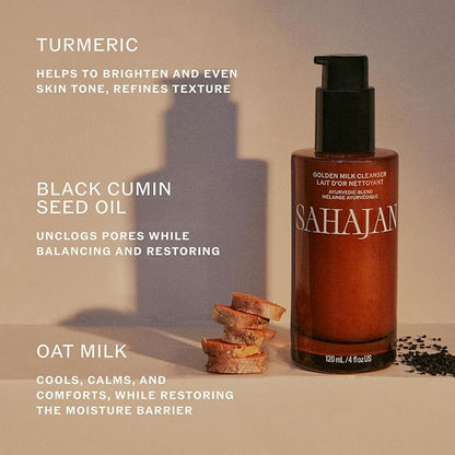 Sahajan Golden Milk Cleanser with Turmeric, Vitamic C + Black Cumin Seed Oil | Ayurvedic Clean Gentle Daily Milky Gel Cleanser | Unclogs Pores, Refines Texture, Calms Redness | 4 fl oz