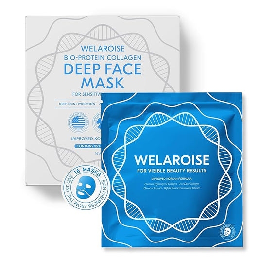 Welaroise Bio Protein Collagen Hydrogel Deep Face Mask - 35% More Collagen, Intense Hydration & Moisturization, Firming, Anti-Aging, Skin Renewal, Korean Skincare (Pack of 16)