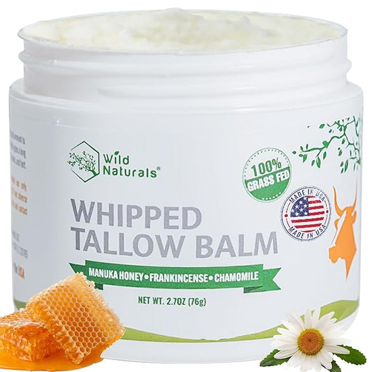 Wild Naturals Whipped Tallow Honey Balm, Grass-Fed Beef Tallow Balm for Skin with Manuka Honey & Shea Butter, Thick & Unscented for Dry, Sensitive, & Reactive Skin