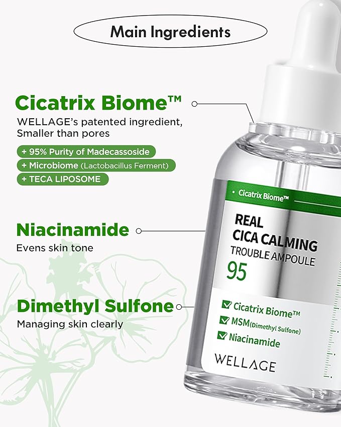 WELLAGE Real Cica Calming Trouble Ampoule - Korean Skincare Soothing Serum, Madecassoside Centella Asiatica Panthenol Niacinamide, Relief Redness, Sebum Control, Improves Blemishes, 1.69 fl.oz.