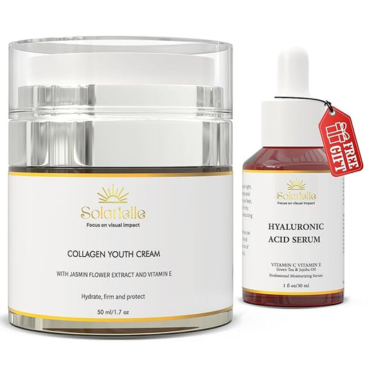 "SOLARIELLE Anti-Aging Skincare Set | Hyaluronic Acid Serum & Collagen Cream | Face & Neck Duo for Wrinkle Reduction | Natural Peptide Formula"
