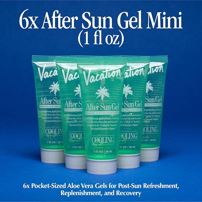 VACATION Mini After Sun Gel, Travel Size Soothing Aloe Vera Gel for Sunburn Relief, Hydrating & Cooling, Non-Sticky Aftersun Care, 1oz (Value Pack of 6)