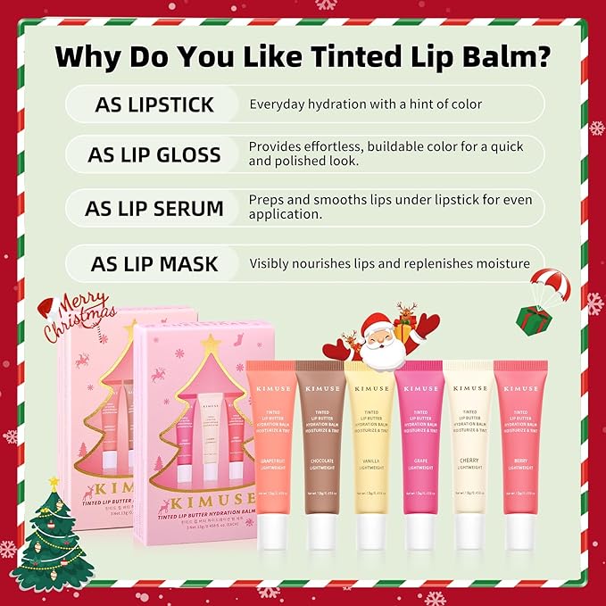 KIMUSE 6 Pcs Tinted Lip Butter Hydration Balm Set, 6 Flavored Shades Hydrating Plumping Gloss with Hyaluronic Acid & Vitamin E, Sheer Tint, Non-Sticky | Vegan Lip Care Makeup for Dry Lips & Daily
