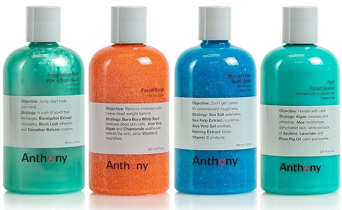 Anthony Algae Facial Cleanser, Facial Scrub, Blue Sea Kelp Body Scrub, Invigorating Rush Hair + Body Wash, 8 Fl Oz, 12 Fl Oz