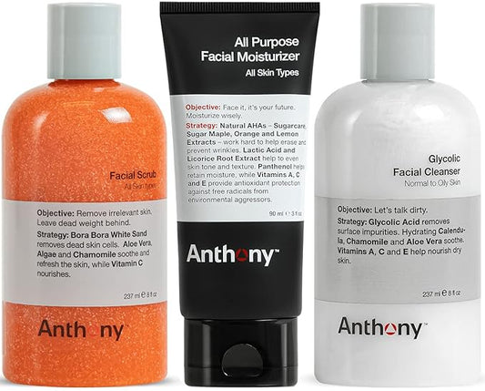 Anthony Glycolic Facial Cleanser 8 Fl Oz, and Anthony Facial Scrub, 8 Fl Oz, and Anthony All Purpose Facial Moisturizer, 3 Fl Oz