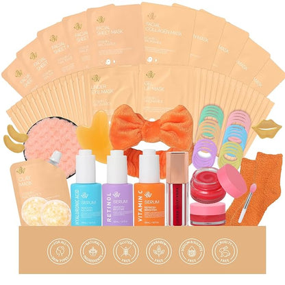 Orange Collagen Gel Overnight Mask Skin Care for Women, 55 Pcs Self-Care Spa Bath & Body Care Basket Gift Set, Face Sheet Mask, Under Eye Patches, Face Serum, Bath Bomb, Christmas, Mother Day, Dad