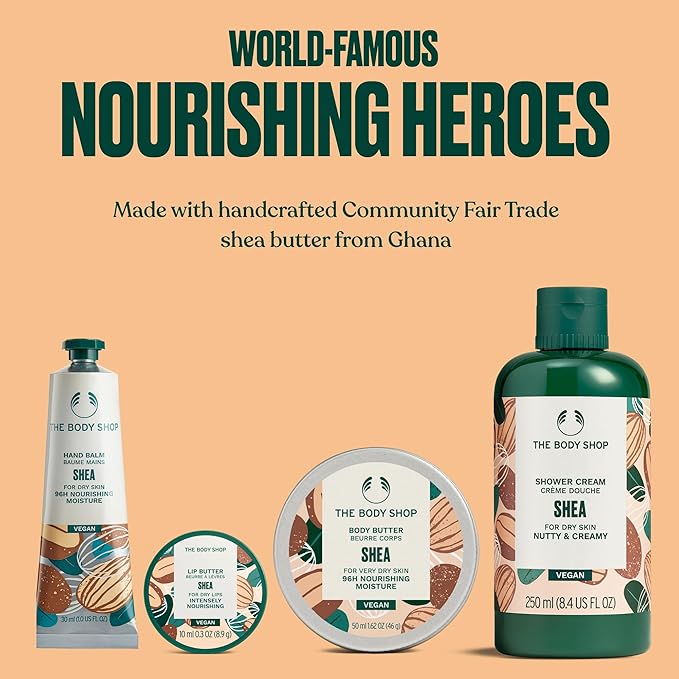 The Body Shop Shea Essentials Gift Set - 4 Piece Set, Shower Cream, Body Butter, Lip Butter, Hand Balm, Vegan