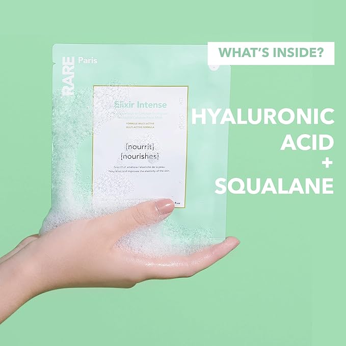 RARE Paris - Élixir Intense - Nourishing Facial Sheet Mask - Hydrating & Brightening - With Hyaluronic Acid & Squalene - Nourishing, Firming & Revitalizing - Multi-Active Serum Formula - 5 Pack