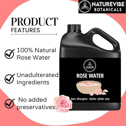 Naturevibe Botanicals Pure Rose Water Toner 32 oz Hydrating Facial Mist & Hair Spray | 100% Natural, Alcohol-Free Skin Care & Makeup Setting Spray