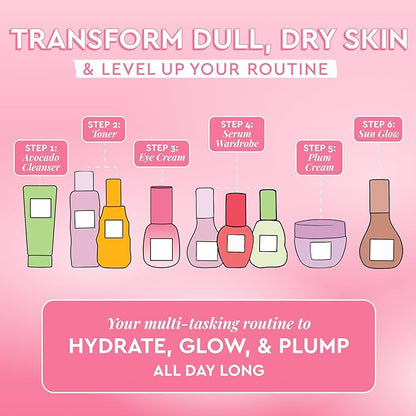 Glow Recipe Library Skincare Gift Set - Avocado Face Wash + Face Serum + Facial Toner + Guava Eye Cream + Hyaluronic Acid Moisturizer + Dew Drops + Strawberry Smooth Serum + 2 Hair Clips (10 Count)