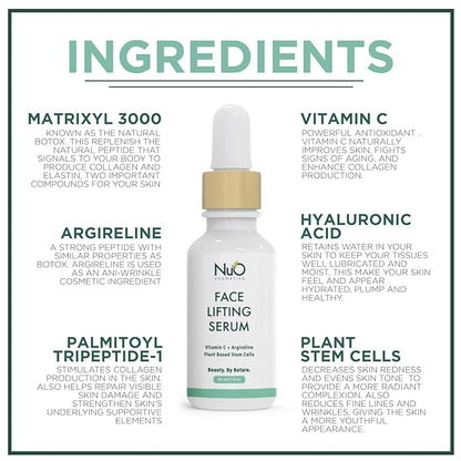 nuorganic Face Lifting Serum with Plant Stem Cells & Matrixyl 3000 - Advanced Anti-Aging to Minimize Fine Lines & Wrinkles - Vegan & Cruelty Free (1fl Oz)