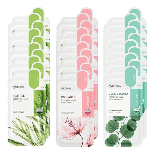 Mediheal Sheet Mask Essential HERO 30 Pack (Collagen, Tea Tree, Madecassoside) | Korean Skincare Facial Sheet Mask Combo, Moisturizing, Soothing and for Blemishes