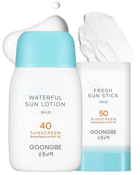 GOONGBE Sun Lotion SPF 40 & Sun Stick SPF 50-100% Zinc Oxide Mineral Sunscreen - No White Cast - Vegan Reef-Safe for Babies Kids Adults - Korean Skincare, 2.82oz & 0.49oz