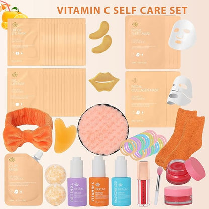 Orange Collagen Gel Overnight Mask Skin Care for Women, 55 Pcs Self-Care Spa Bath & Body Care Basket Gift Set, Face Sheet Mask, Under Eye Patches, Face Serum, Bath Bomb, Christmas, Mother Day, Dad