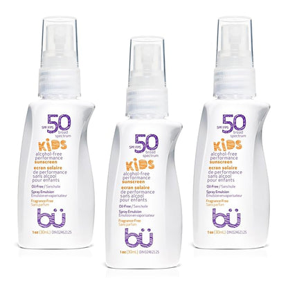 BU SPF 50 Kids Sunscreen Spray for Face and Body, Non Aerosol Spray, Fragrance Free, Clear, Non Greasy, Water Resistant, Fragrance Free 1 oz (3 Pack)