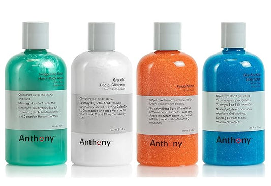 Anthony Glycolic Facial Cleanser, Facial Scrub, Blue Sea Kelp Body Scrub, and Invigorating Rush Hair and Body Wash - 8 Fl Oz, 8 Fl Oz, 12 Fl Oz, 12 Fl Oz