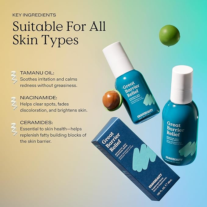 KraveBeauty Great Barrier Relief Serum – Korean-Inspired Barrier Repair Serum, Tamanu Oil, Soothes Redness & Hydrates, Vegan & Cruelty-Free, 1.52 fl oz