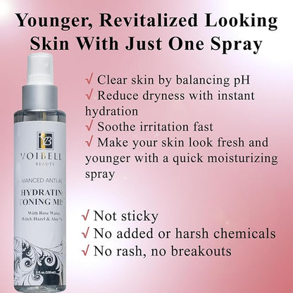 Organic Hydrating Toner for Face Anti-Aging - Rose Water, Witch Hazel & Aloe Vera Toning Facial Mist for Women. Natural Skin Moisturizing Rosewater Spray. Oil Free, Pure, Fresh & Pore Tight