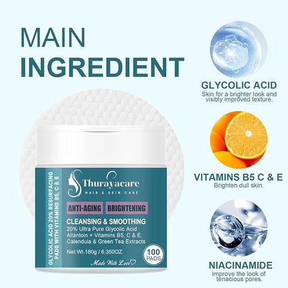 Glycolic Acid 20% Exfoliating Pads – Anti-Aging Face Pads with Vitamins B5, C, E, Allantoin & Niacinamide – Resurfacing, Brightening & Pore Cleansing – 100 Count