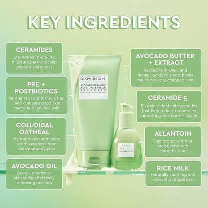 Glow Recipe Library Skincare Gift Set - Avocado Face Wash + Face Serum + Facial Toner + Guava Eye Cream + Hyaluronic Acid Moisturizer + Dew Drops + Strawberry Smooth Serum + 2 Hair Clips (10 Count)