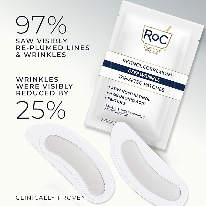 RoC Retinol Correxion Deep Wrinkle Non-Invasive Targeted Patches with Hyaluronic Acid + Firming Peptides for Forehead, 11 Lines, Crow’s Feet and Laugh Lines, (6 Patches) with Retinol Eye Packette
