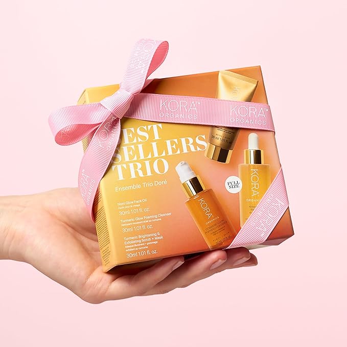 KORA Organics Best Sellers Trio, Gift Set with Noni Glow Face Oil, Turmeric Brightening & Exfoliating Mask and Foaming Cleanser (3 Items)