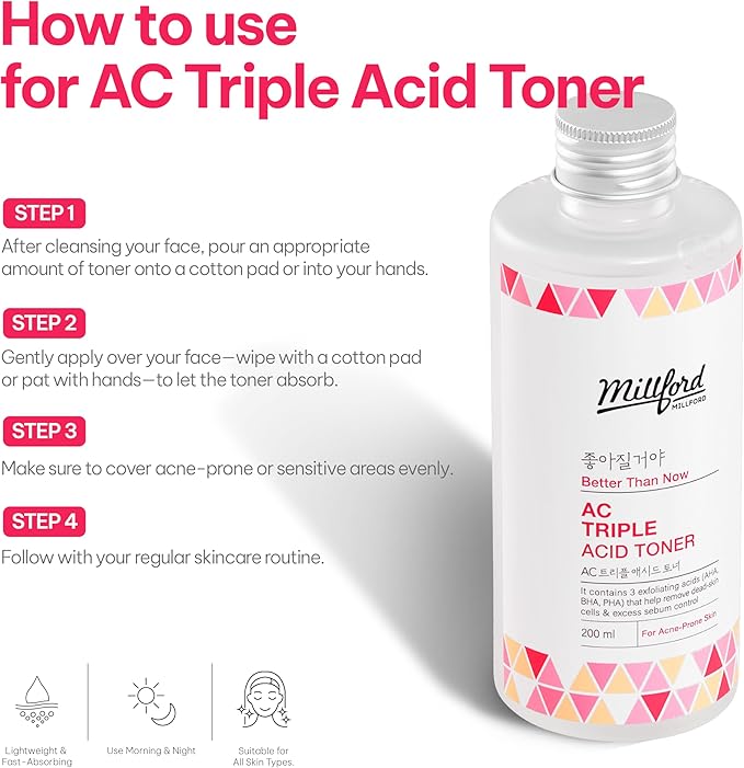 AC Triple Acid Toner 6.76 oz/200 ml – AHA/BHA/PHA Exfoliating & Hydrating Facial Toner with Salicylic Acid & Glycolic Acid for Oily Skin, Pore Cleaning, Acne & Sebum Control, Korean Skincare