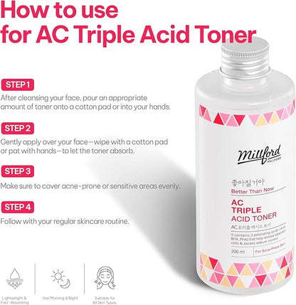 AC Triple Acid Toner 6.76 oz/200 ml – AHA/BHA/PHA Exfoliating & Hydrating Facial Toner with Salicylic Acid & Glycolic Acid for Oily Skin, Pore Cleaning, Acne & Sebum Control, Korean Skincare