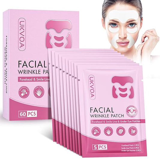 Forehead Wrinkle Patches & Smile Line Patches & Under Eye Patches, Overnight Facial Wrinkle Treatment with Hyaluronic Acid, Aloe, Collagen & Vitamin E to Lift Smile Lines for Women 60pcs