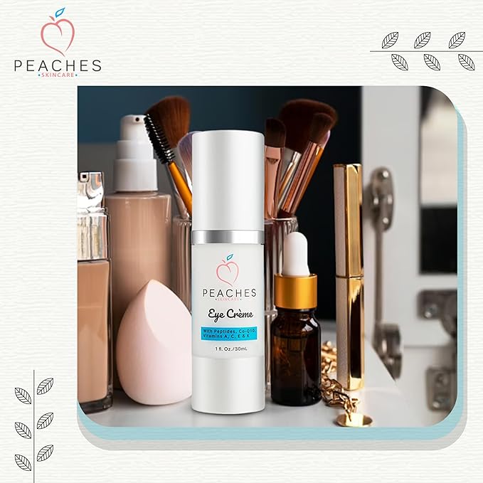 Peaches Skin Care Under Eye Cream – Targets Puffiness, Dark Circles, and Bags – Vegan Formula with Peptides, Co-Q10, Squalene, Vitamins, and Reishi – Eye Crème (1 oz)