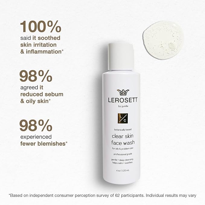 LEROSETT® Clear Skin Face Wash – Gentle Gel Cleanser with 60% Aloe-Rich Botanicals, 4% Glycolic Acid & Vit-E Microbeads – Fights Breakouts, Unclogs Pores, Balances Oil – Spa-Grade, Vegan – 4oz