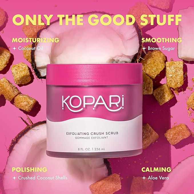 Kopari Coconut Crush Scrub - Brown Sugar Scrub to Exfoliate, Shrink the Appearance of Pores, Help Undo Dark & Age Spots + More With 100% Organic Coconut Oil, Non GMO, and Cruelty Free, 8 Oz