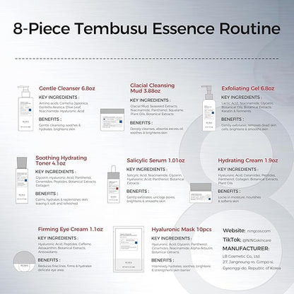 Skin Care Set – Tembusu Essence 8-Step Routine with Amino Cleanser Clay Mask Toner Salicylic Acid Serum Cream Eye Treatment – Hydrating Moisturizing Anti-Aging All Skin Types