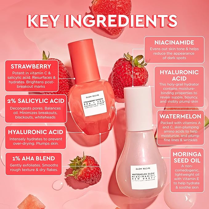 Glow Recipe Library Skincare Gift Set - Avocado Face Wash + Face Serum + Facial Toner + Guava Eye Cream + Hyaluronic Acid Moisturizer + Dew Drops + Strawberry Smooth Serum + 2 Hair Clips (10 Count)