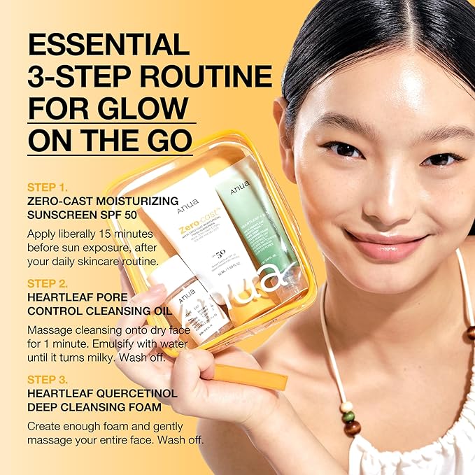 Anua Sun-Ready Travel Kit, Zero-Cast Sunscreen & Cleansing oil & Face Wash. Korean Sunscreen with Mini Size Double Cleansing routine ,Korean Skincare Set