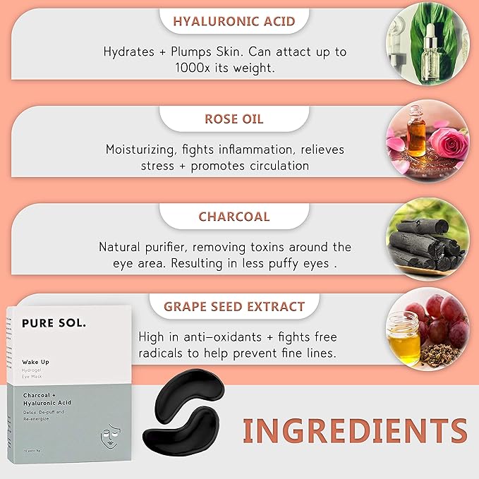 pureSOL Charcoal Under Eye Patches – Charcoal Eye Patches For Adults – 12 Pairs Hydrogel Under Eyes Mask To Remove Dark Circles And Under Eye Treatment For Women – Anti Wrinkle Eye Masks