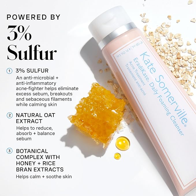 Kate Somerville EradiKate 3% Sulfur Daily Foaming Cleanser Acne Treatment – Clinically Formulated Medicated Face Wash Balances Skin and Cleans Pores, 2-Pack of 4 Fl Oz Each
