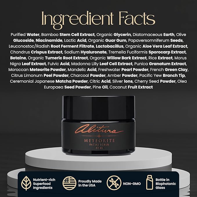 Alitura Meteorite Scrub – Exfoliating Face & Body Scrub with Pearl Powder & Bamboo Stem Cells – Brightening & Anti-Aging Exfoliant for Dead Skin, Dark Spots, and Fine Lines – For Men & Women, 60ml