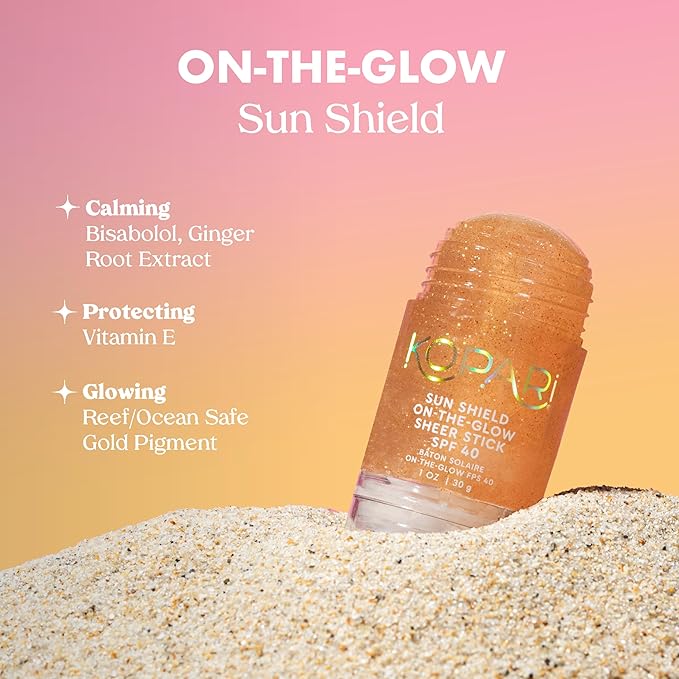 Kopari Sun Shield On-The-Glow Sheer Sunscreen Stick SPF 40, Sweat and Water Resistant Roll On Sunscreen For Face and Body with Vitamin E and Bisobolol, 1oz