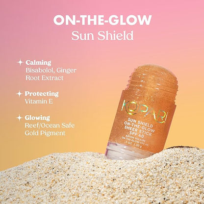 Kopari Sun Shield On-The-Glow Sheer Sunscreen Stick SPF 40, Sweat and Water Resistant Roll On Sunscreen For Face and Body with Vitamin E and Bisobolol, 1oz