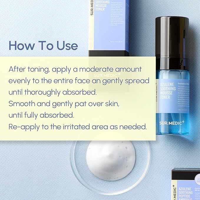 SURMEDIC Azulene Moisturizing Soothing Mousse Toner, Hydrating, Glowing, Calming Bubble Toner for Sensitive, Dry, Dull Skin, Korean Skin Care 3.71 oz / 110ml
