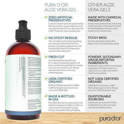 PURA D'OR ORGANIC Aloe Vera Gel Lavender (16 Oz X 3) All Natural - ZERO Artificial Preservatives - Deeply Hydrating & Moisturizing - Sunburn, Bug Bites, Rashes, Small Cuts, Eczema Relief - Skin & Hair
