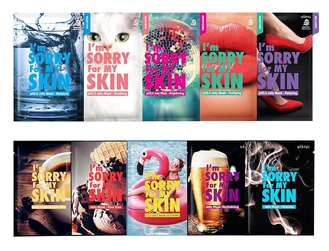 I'M SORRY FOR MY SKIN Jelly Mask Full Set for Skin Stress Relief, Korean Skin Care Travel Essentials Kit, K-Beauty Hydrating Face Mask Sheets, Gifts for Women (Pack of 10)
